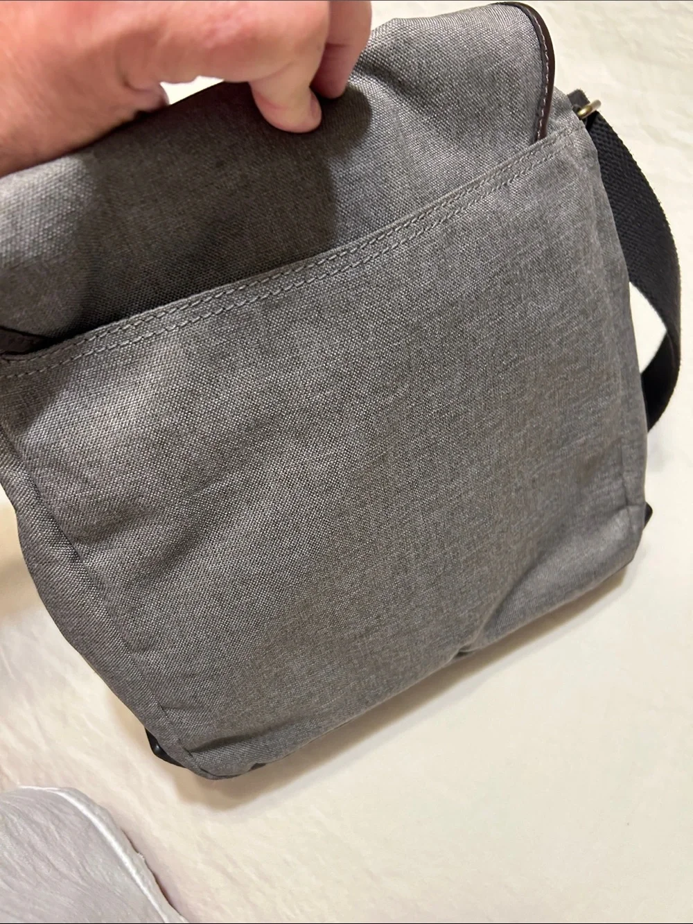 Fossil Gray Canvas Messenger Bag with Brown Trim